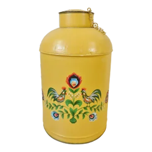 Large Vintage Decorative Yellow Hand Painted Rooster Milk Can Jug W/ Lid