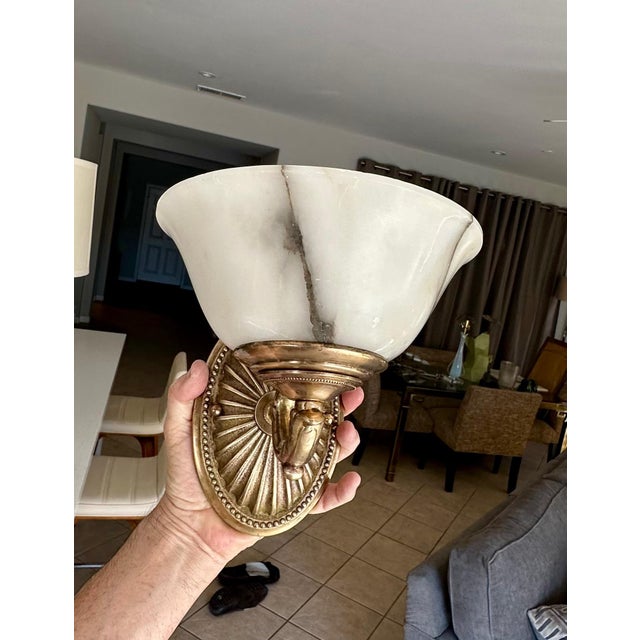 Pair Brass Alabaster Sunburst Wall Sconces For Sale - Image 13 of 18