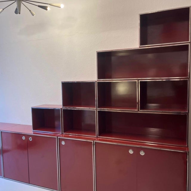 Modular Shelving Unit in Burgundy Red Lacquered Wood and Chromed Metal Frame, Italy, 1970s For Sale - Image 10 of 13