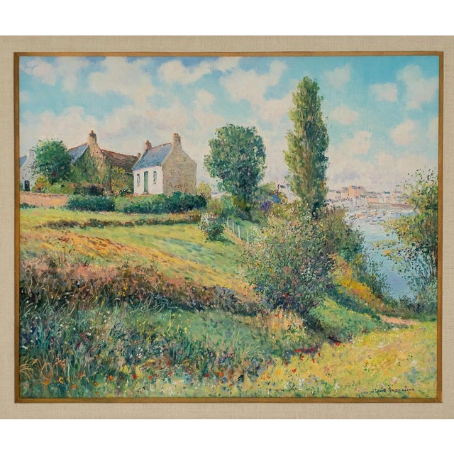 Original oil on canvas depicting a coastal landscape with houses, trees, and a harbor in the distance. The foreground...