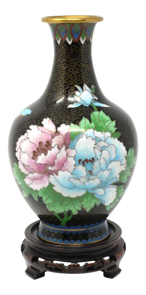Vintage Black Cloisonne Vase With Butterflies and Peony Flowers