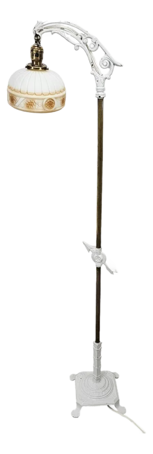 1920s Deco-Industrial Bridge Arm Floor Lamp W/ Frosted Rosette Shade 58” Rewired