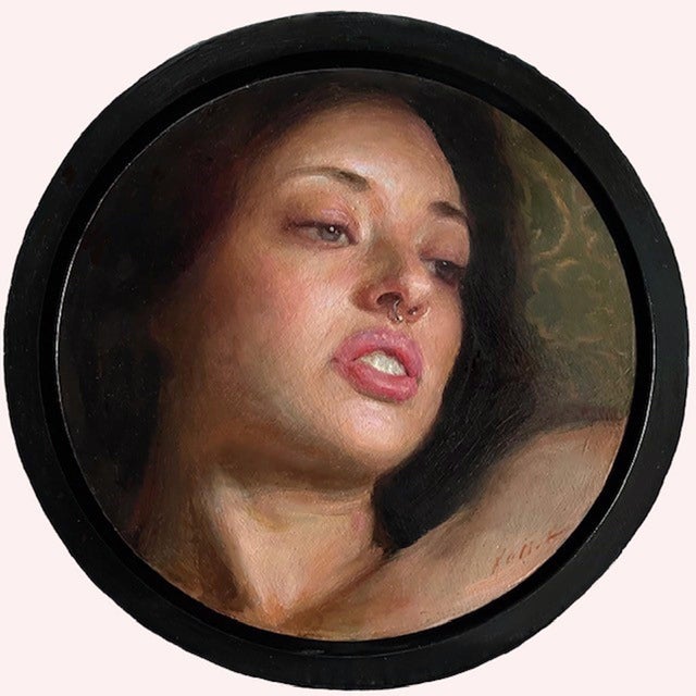 In "Retreat," a figure gazes softly with an introspective expression, capturing a moment of vulnerability. The nuanced oil...