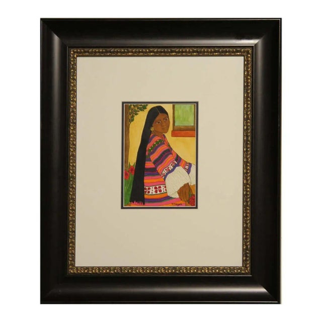 Nadine Mayes Colorful Watercolor Portrait of Seated Female in Pink and Orange Striped Dress 1990s For Sale - Image 11 of 11