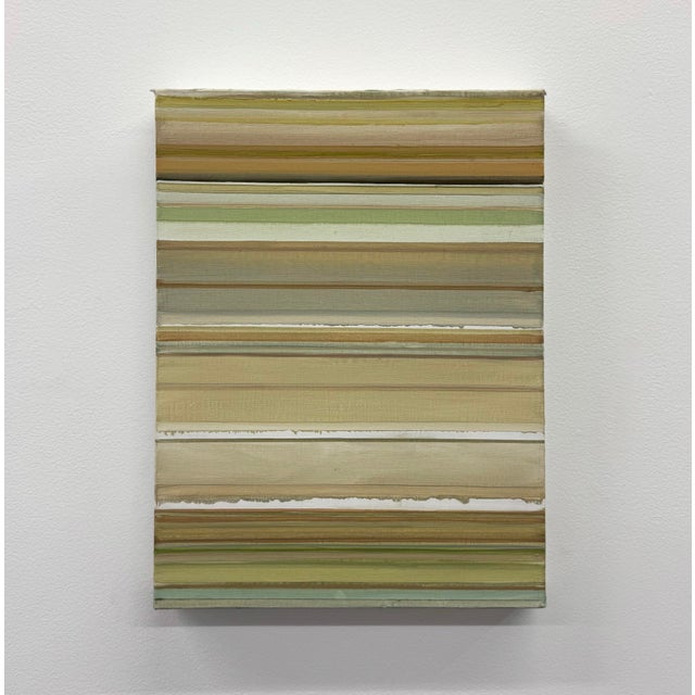 A contemporary abstract painting featuring layered horizontal bands in soft sage, taupe, cream, and muted olive tones....