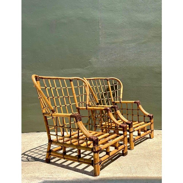 Late 20th Century Vintage Grid Rattan High Back Chairs - Pair For Sale - Image 5 of 12
