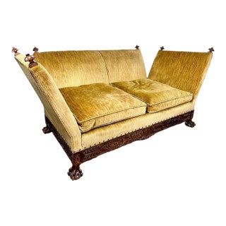 Antique Knole-Style Sofa, Hand-Carved Walnut, Silk Velvet, C. 1900 For Sale