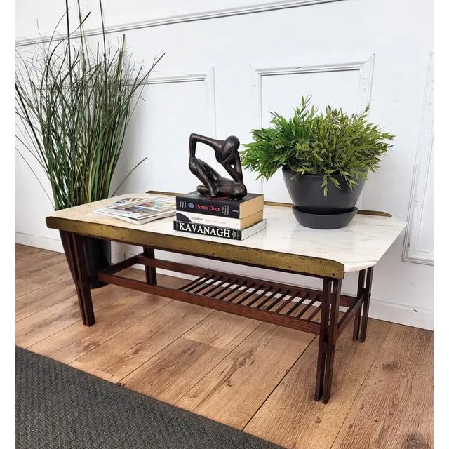 Beautiful and stylish vintage 1960s Italian brass marble and wood side table or coffee table or sofa table. Very good...