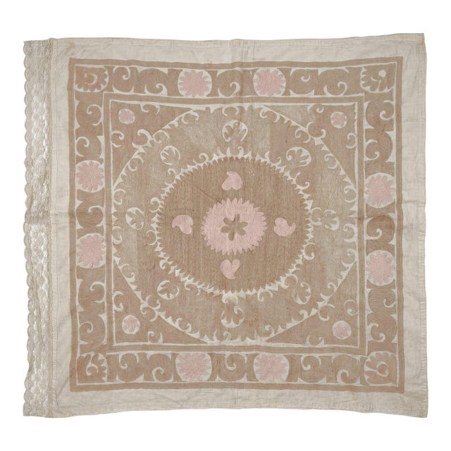 Vintage Neutral Tan Suzani Wall Hanging 4'3'' X 5' For Sale