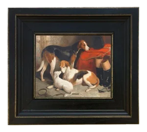 "A Couple of Foxhounds with a Terrier" Contemporary Reproduction Print After William Barraud, Framed 8-1/2" X 9-1/2"