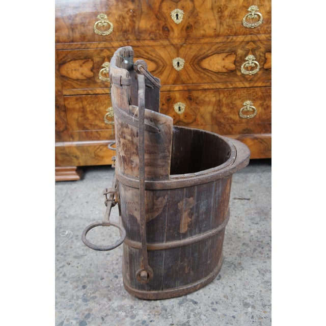 Late 19th Century Primitive Antique Chinese Forged Iron & Elm Water Bucket Umbrella Cane Stand For Sale - Image 9 of 10