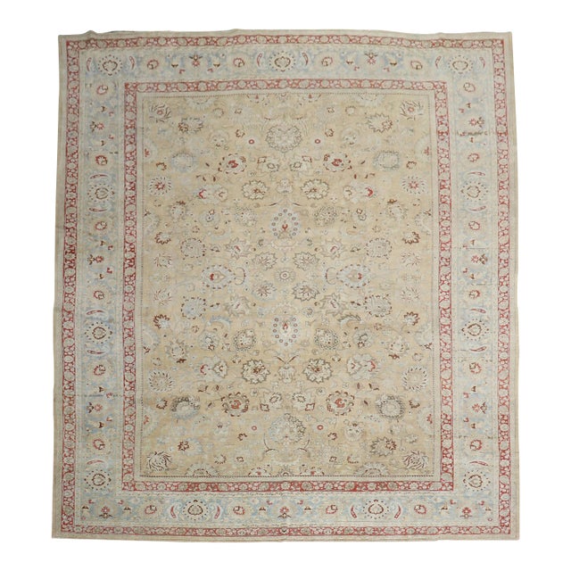Traditional Khaki Icy Blue Rust Antique Persian Meshed Rug, 20th Century - 12'2" x 16'8" For Sale