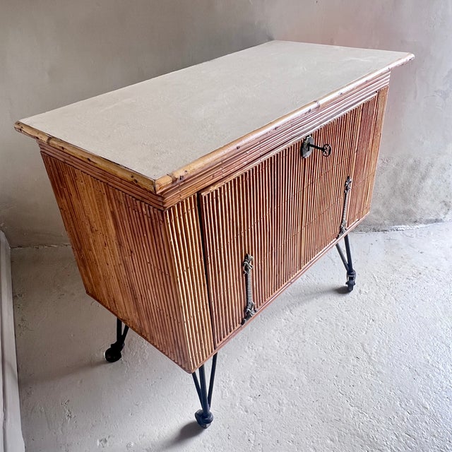 1950s Mid‑Century French Bamboo Drinks Cabinet on Cast Iron Legs, 1950s For Sale - Image 5 of 12