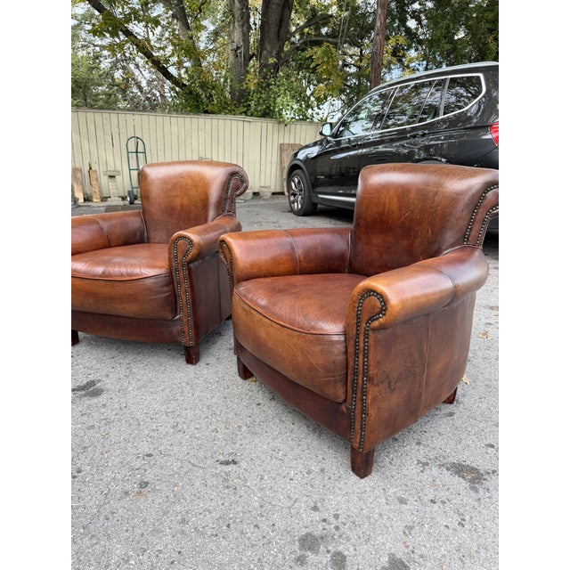 Pair of French Leather Club Chairs For Sale In Nashville - Image 6 of 14