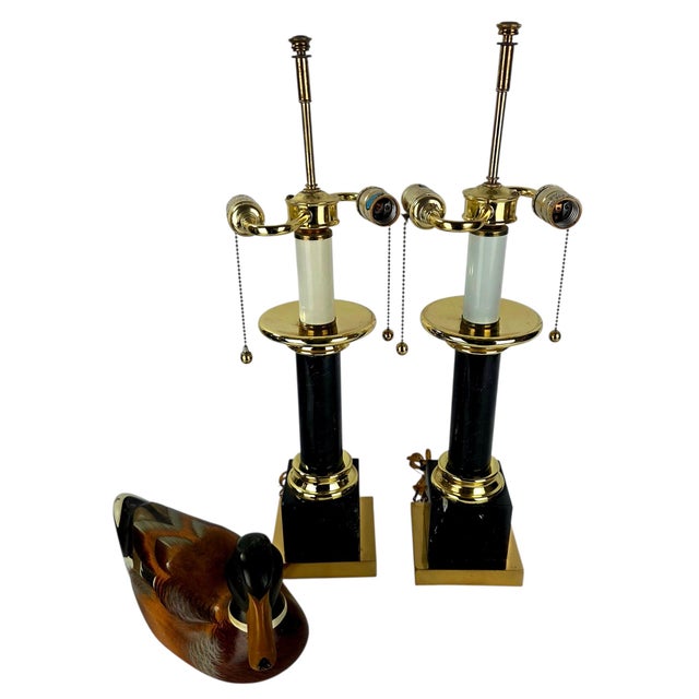 Metal 1980s Brass & Black Marble Neoclassical Column Table Lamps, a Pair For Sale - Image 7 of 14