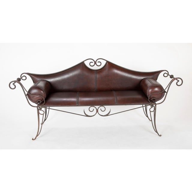 Late 20th Century French Wrought Iron and Leather Upholstered Sofa For Sale - Image 5 of 12