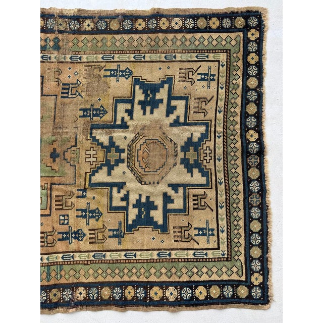 Textile Cashew-Nude & Kiwi Antique Caucasian Lesghi Star GEM Collector's Art Piece Rug 3.5 x 5 For Sale - Image 7 of 12