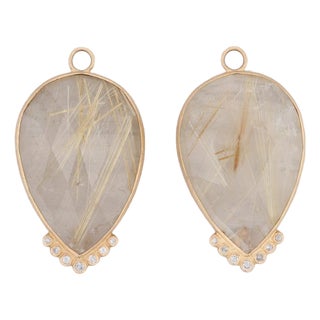 New Nina Wynn Earring Enhancer Charms Rutilated Quartz Diamond 18k Yellow Gold 2 Pieces For Sale