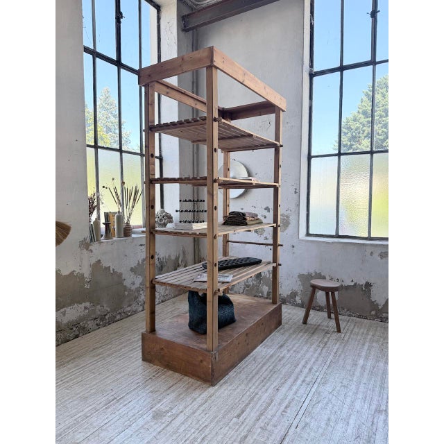 Antique, fully demountable workshop shelving unit or bookcase, circa 1950. Made of beech and plywood on the upper and...