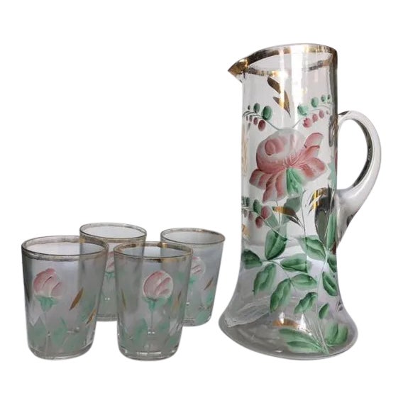 Antique Northwood Handblown Hand-Painted Pitcher & 4 Glasses For Sale