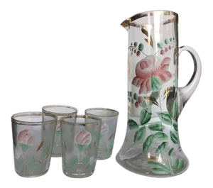 Antique Northwood Handblown Hand-Painted Pitcher & 4 Glasses