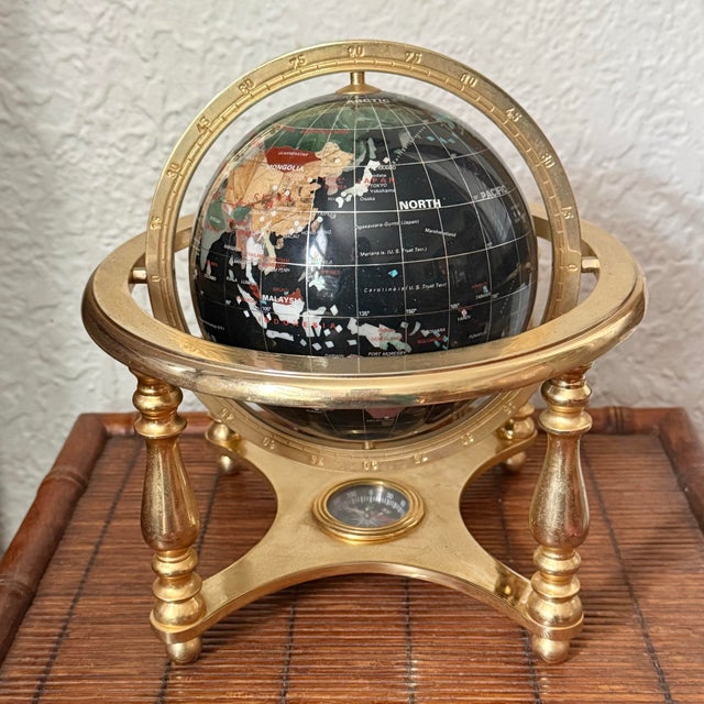 Contemporary Late 20th Century Black World Globe With Semiprecious Gemstones on Brass Base For Sale - Image 3 of 8