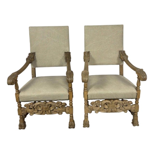 Pair of Exceptional Spanish Baroque Throne Armchairs With Hand-Carved Lion Heads For Sale