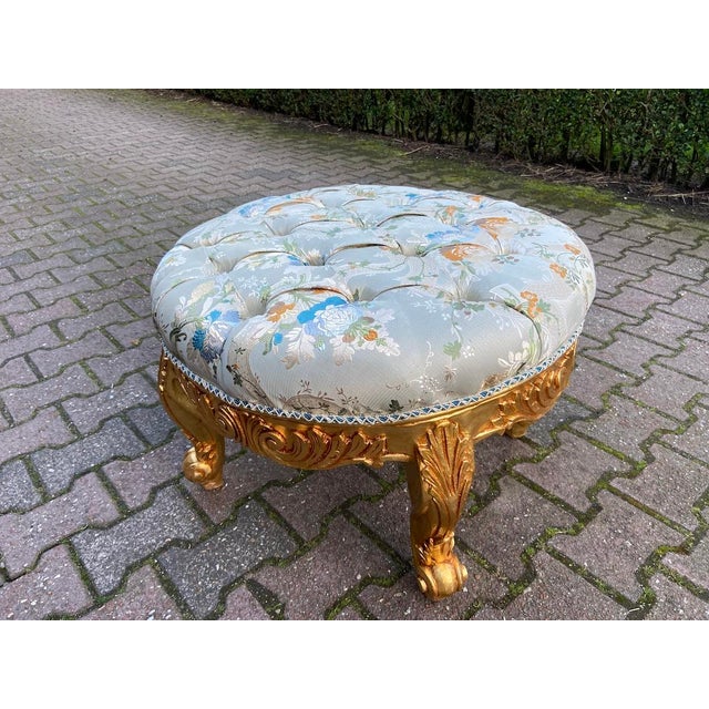 Late 20thC French Louis XVI Gold Beech Damask Bench For Sale - Image 4 of 11