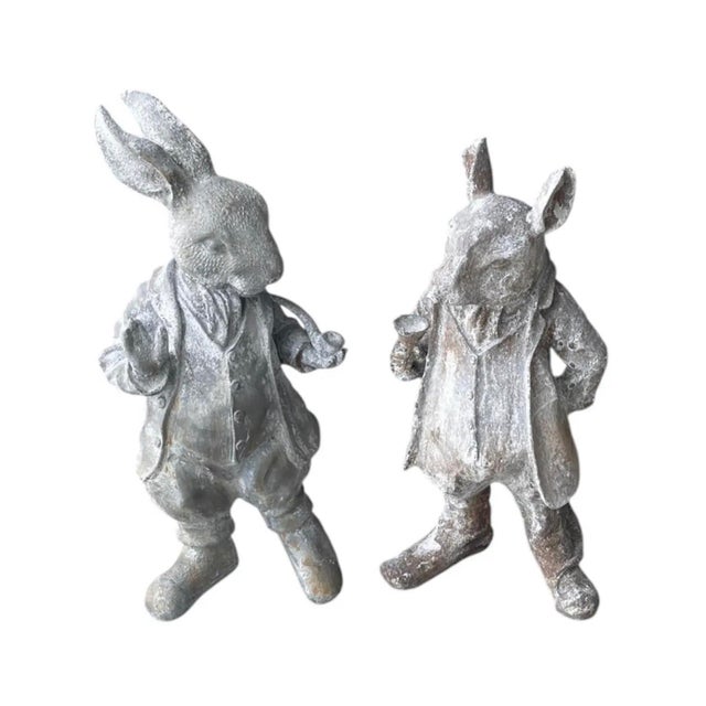 Vintage Cast Iron Gentleman Rabbit Garden Statues - Set of 2 Dapper Hare Figures (Pipe & Goblet) For Sale - Image 4 of 12