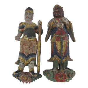 Antique Chinese Hand Carved Polychrome Wood Guardian Warrior Figure Pair