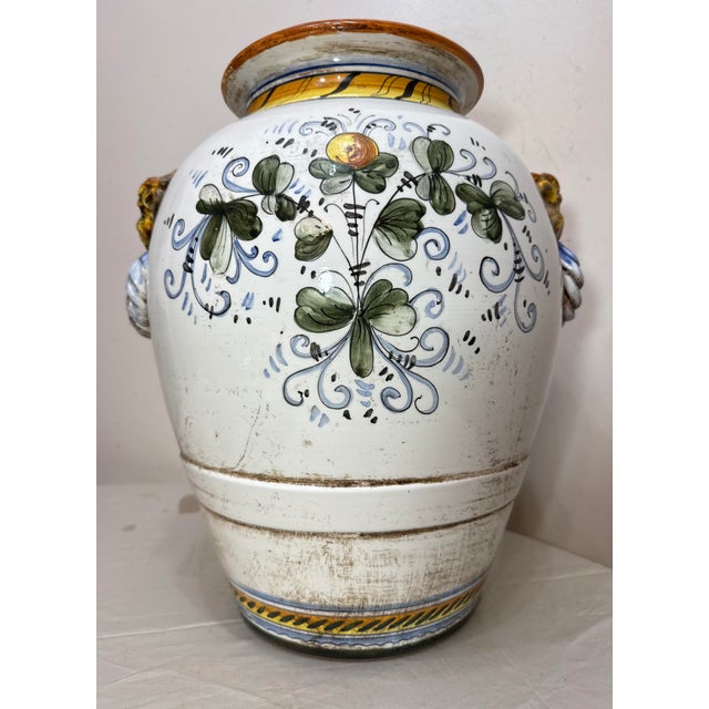Monumental Antique Hand Painted Italian Majolica Terracotta Pottery Olive Vase For Sale - Image 11 of 15