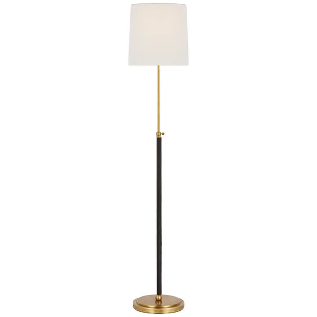 Thomas O'Brien by Visual Comfort Signature Bryant Wrapped Floor Lamp in Hand-Rubbed Antique Brass and Chocolate Leather with Linen Shade For Sale