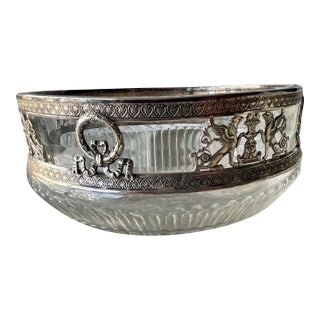 Early 20th Century Neoclassical Laurel Wreath Griffins Urn 800 Silver Decorated Rimmed Glass Bowl For Sale