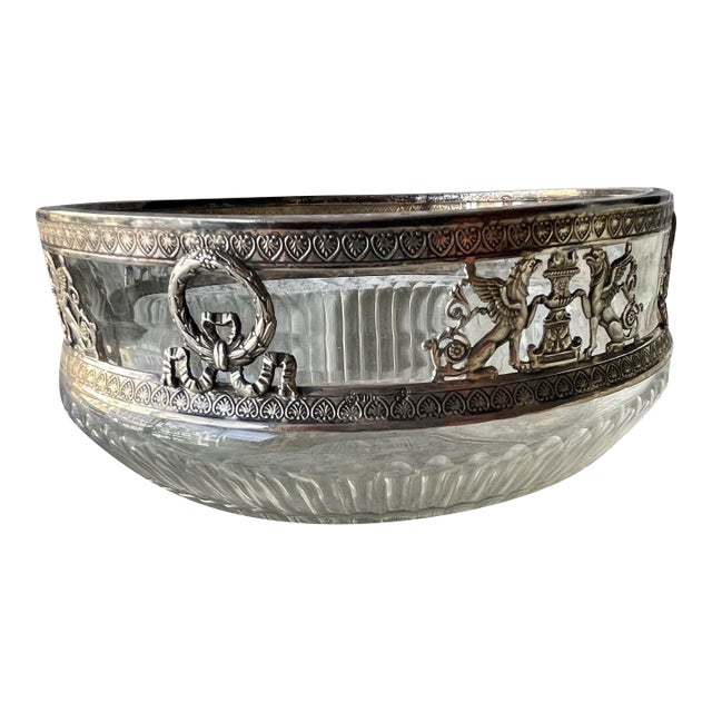 Early 20th Century Neoclassical Laurel Wreath Griffins Urn 800 Silver Decorated Rimmed Glass Bowl For Sale