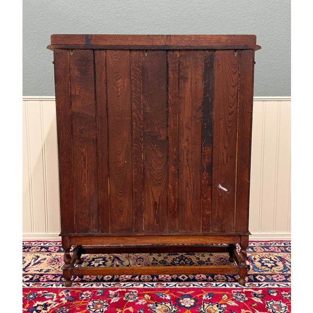 Antique English Bookcase Cabinet Double Door Leaded Wavy Glass Oak c.1930s For Sale - Image 11 of 18