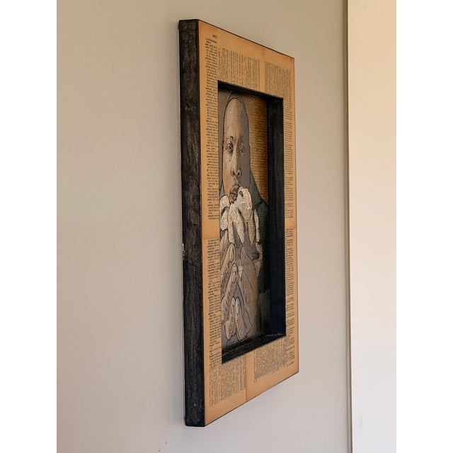 Original Aaron Hequemborg “ Willie Moore Cotton” Textural Mixed Media Figural Portrait on Dictionary Pages | Shadowbox Framed Wall Art For Sale In Charlotte - Image 6 of 7