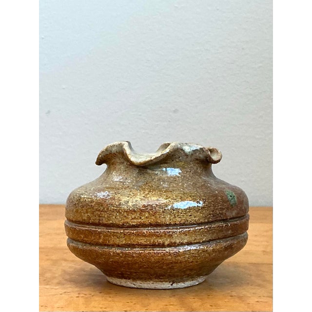 Brown Vintage Original Studio Pottery Ruffle Vase For Sale - Image 8 of 12