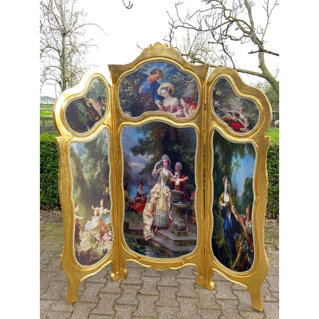 20thC French Louis XVI Gold Beech Scenic Room Divider Screen - 3 Panels For Sale - Image 10 of 18
