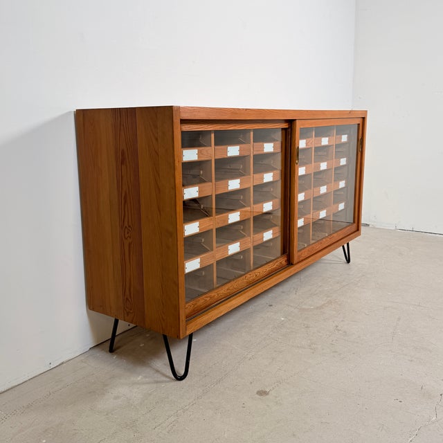 Vintage German Pine Sideboard with 24 Drawers and Glass Sliding Doors, 1960s For Sale - Image 10 of 14