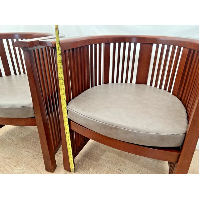 Rare Set of Stickley Lounge Chairs Spindle Barrel Back Solid Cherry Leather Seat For Sale - Image 11 of 18