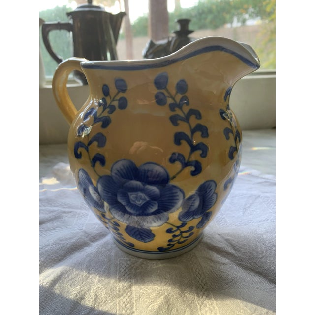 Ceramic Vintage Blue and Yellow Chinoiserie Pitcher or Jug For Sale - Image 7 of 7