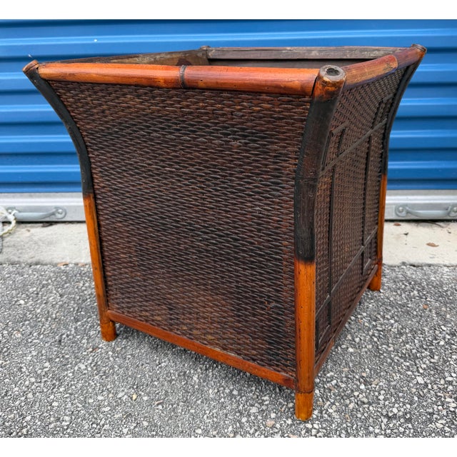 Oversized Vintage French Tortoise Rattan Planter Featuring a Curved, Flared Shape and Thick Bamboo Trim. For Sale - Image 4 of 11