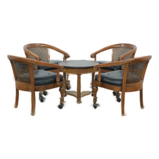 Vintage Heritage Henredon Leather Club Chairs With Round Accent Table Set of 5 For Sale