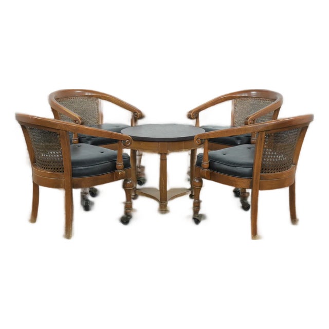 Vintage Heritage Henredon Leather Club Chairs With Round Accent Table Set of 5 For Sale