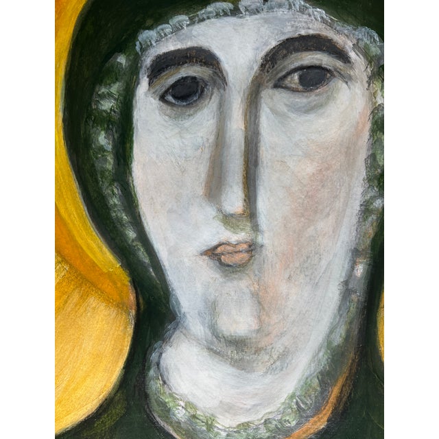 Original contemporary portrait inspired by Byzantine icon painting traditions. The figure is presented with elongated...