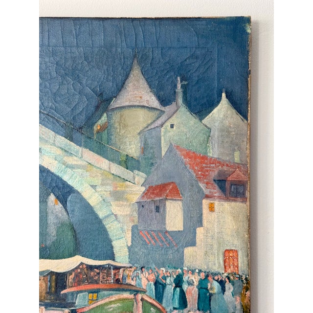 Vintage Oil on Canvas European River Town at Night For Sale - Image 4 of 14