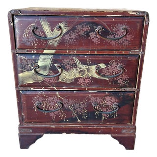 Antique Japanese Ox Blood Red Lacquer Jewelry Box With Gilt Crane & Cherry Blossom Motif For Sale