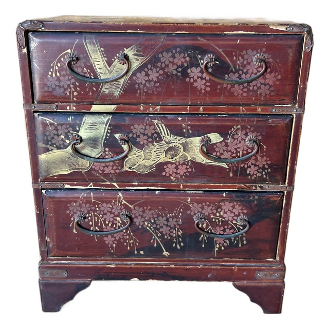 Antique Japanese Ox Blood Red Lacquer Jewelry Box With Gilt Crane & Cherry Blossom Motif For Sale