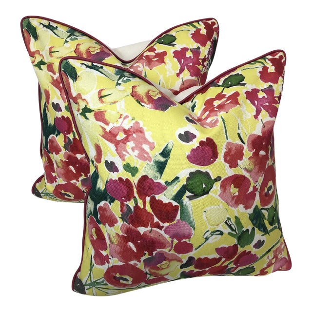 Contemporary Floral Sunshine Pillows- a Pair For Sale