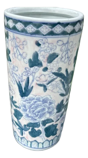Vintage Blue and White Chinoiserie Porcelain Hand-Painted Floral Umbrella Stand
